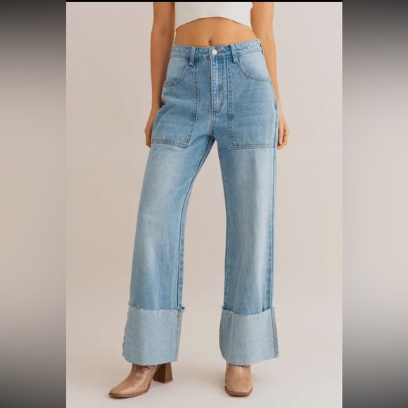 BOUTIQUE High Waist Wide Leg Cuff Jeans - Picture 3 of 7